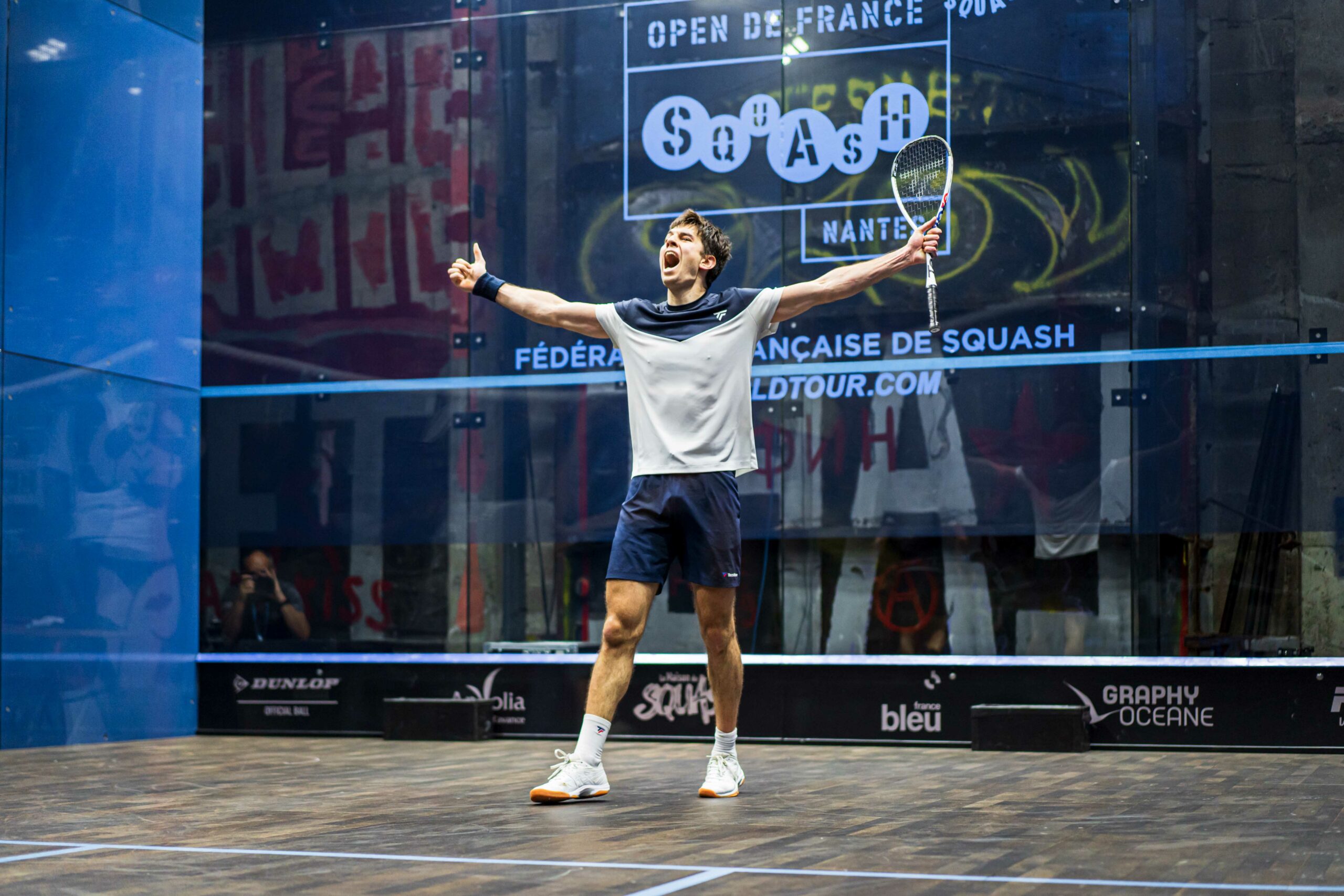 Auguste Dussourd celebrates his win over George Parker in the quarters of the Open de France de Squash