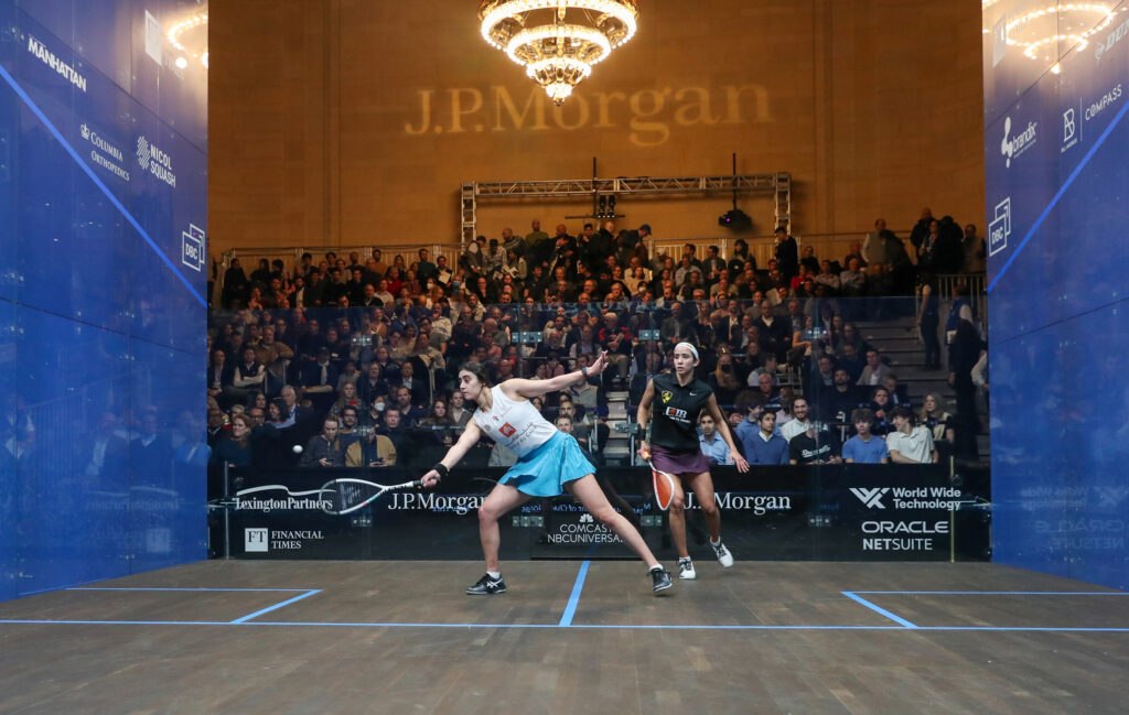 El Sherbini and Gohar during the women's final of the J.P. Morgan Tournament of Champions