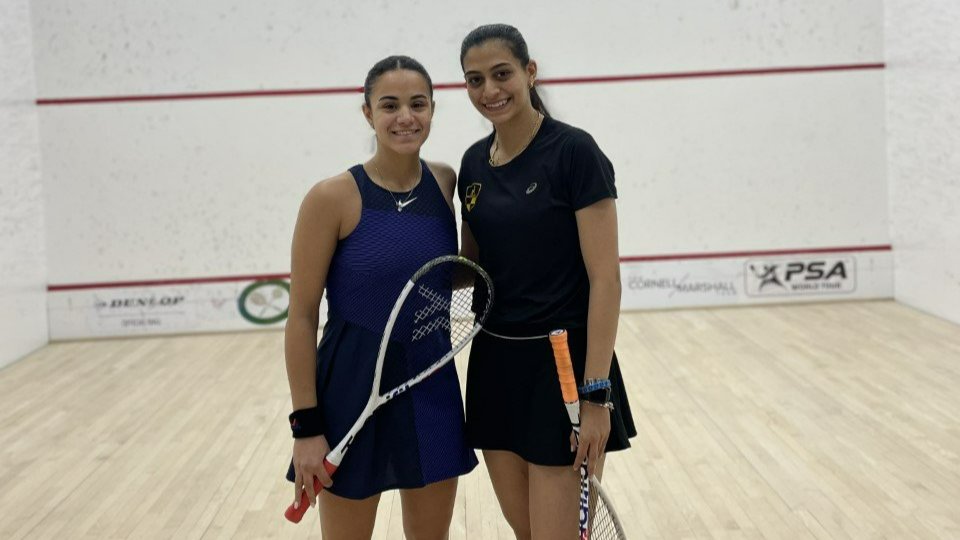 Nardine Garas (right) and Salma Eltayeb (left) prior to their first round match at the Carol Weymuller Open