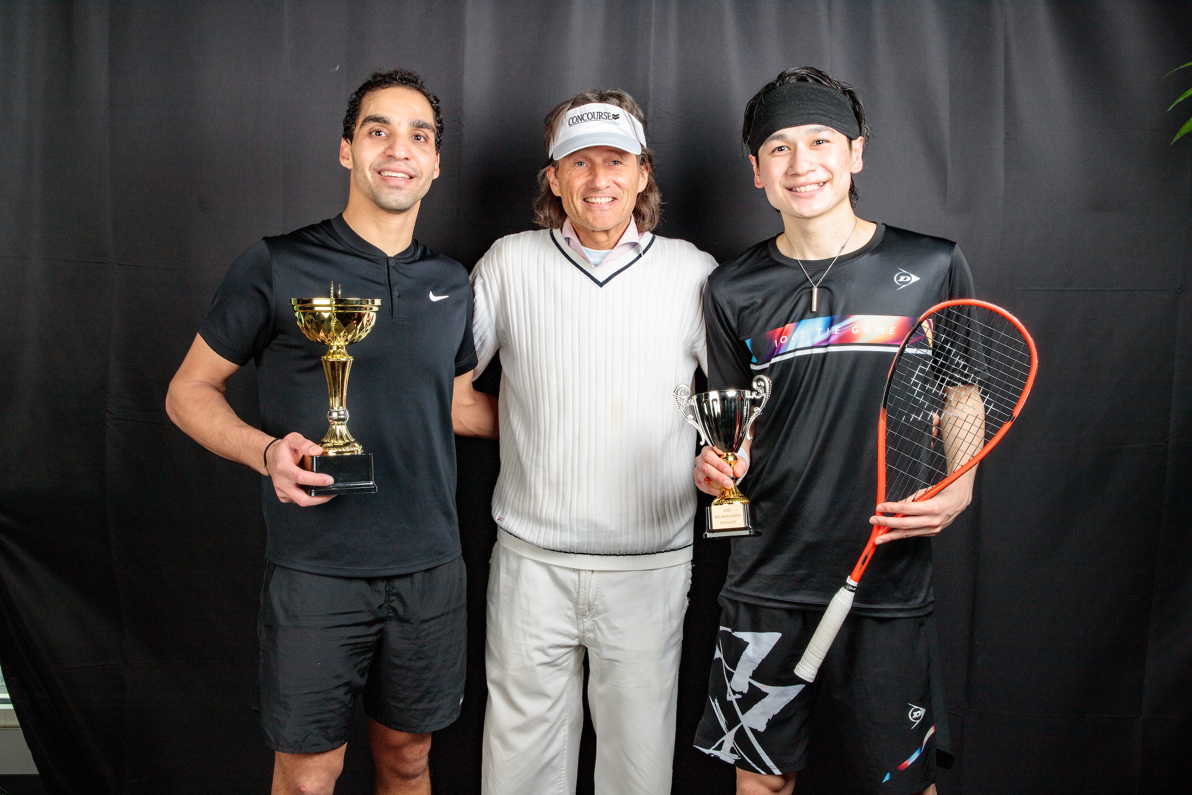 Zahed Salem (left) with Ryunosuke Tsukue (right) and tournament promoter Andre Maur (centre) after the final of the Atlanta Open