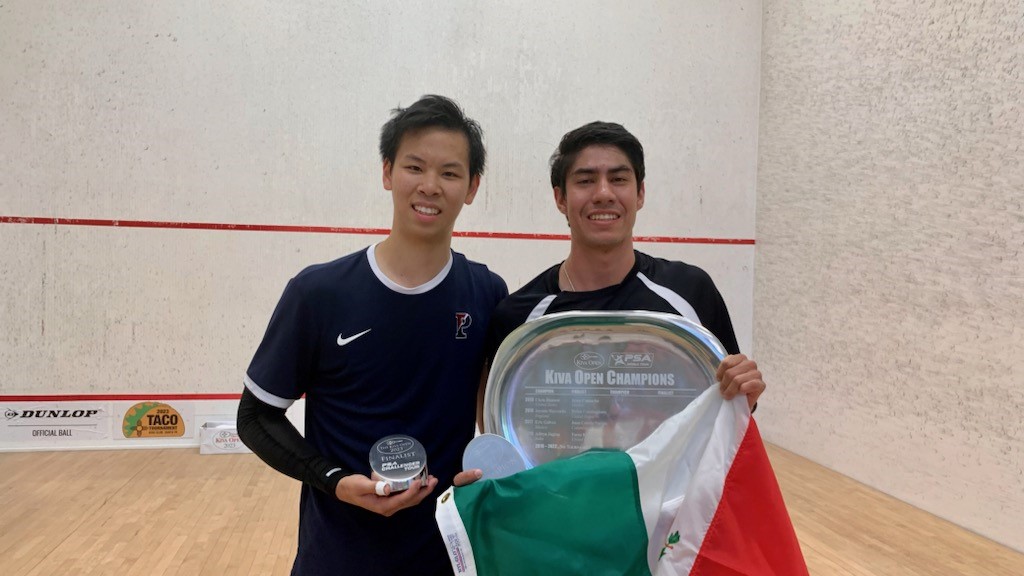 Alejandro Reyes (right) with the Kiva Open trophy, alongside finalist Dillon Huang (left)